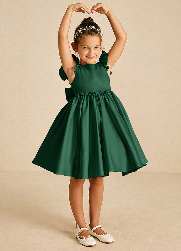 Azazie Tootsie Flower Girl Dresses Dark Green A-Line Bow Matte Satin Dress image1