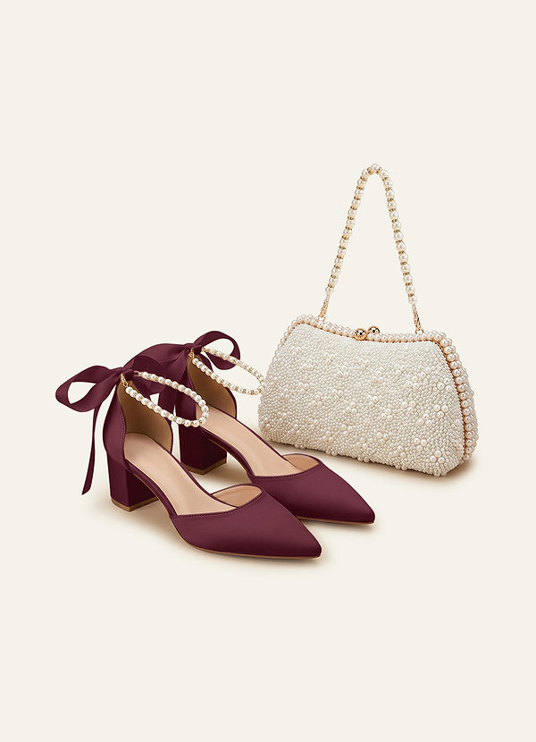 front Matching Color Matte Satin Pearl and Bow Pointed Toe Block Heels & Beaded Clutch Set