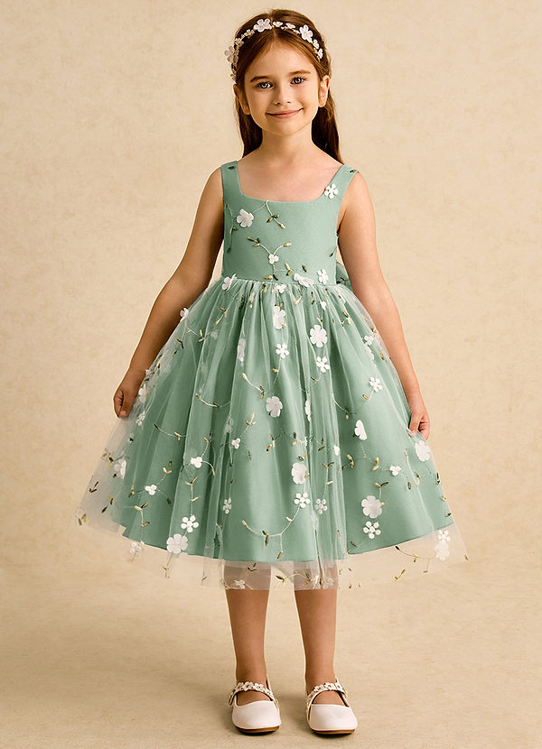 Azazie Bean Robes de Fillette d'Honneur Robe Princesse en Tulle Sans manches Matcha image1
