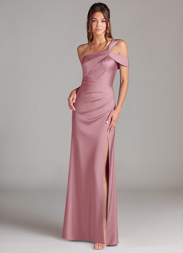 Azazie Wynter Bridesmaid Dresses Vintage Mauve Sheath Off the Shoulder Stretch Satin Dress image1