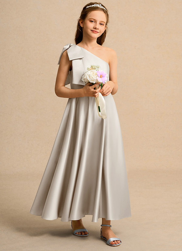 Azazie Guppy Junior Formal Vestidos de Niña de Flores Vestido de Escarcha de Satin Mate de Corte En A con Hombro unilateral image1