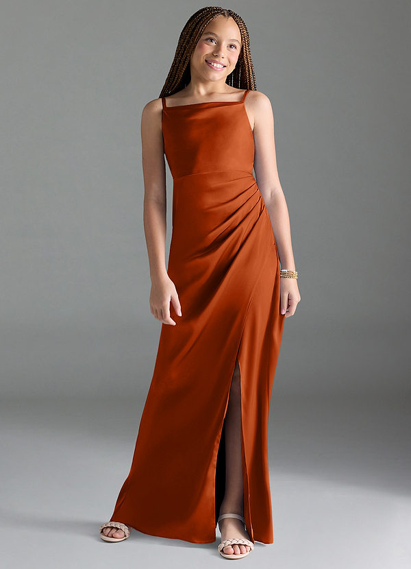 Azazie Leonis Junior A-Linie Plissee Stretch-Satin Kleid Gebranntes Orange image1