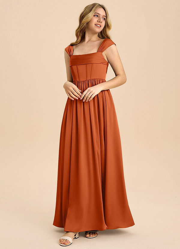 Azazie Hattie Junior Burnt Orange A-Line Pleated Stretch Satin Dress image1