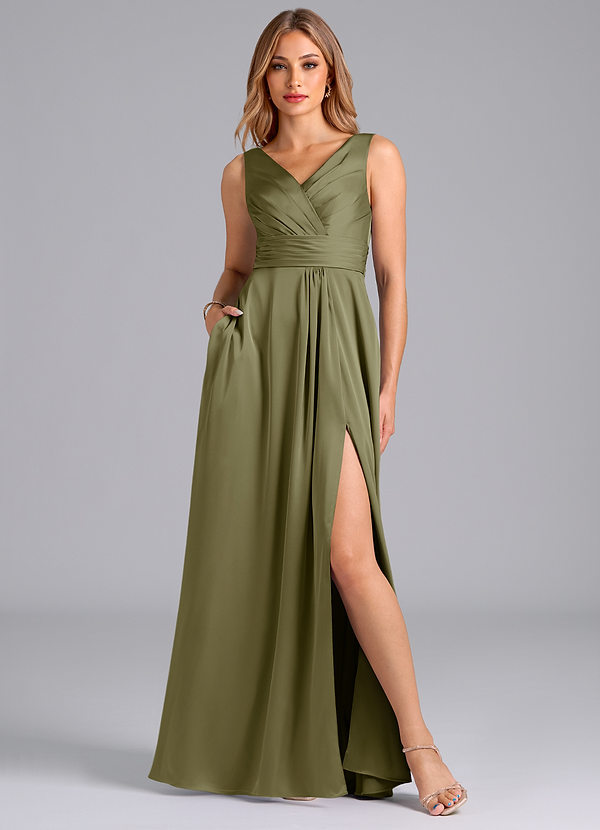Azazie Karina Bridesmaid Dresses Pistachio A-Line Pleated Stretch Satin Dress image1