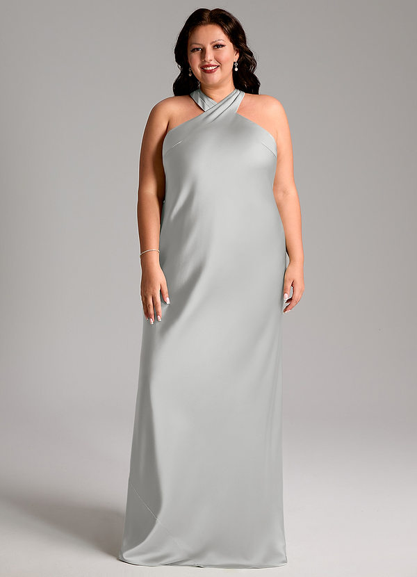 Azazie Doretta Vestidos Dama de Honor Vestido de Plata de Satén Elástico de Corte Sirena con Plisado image1