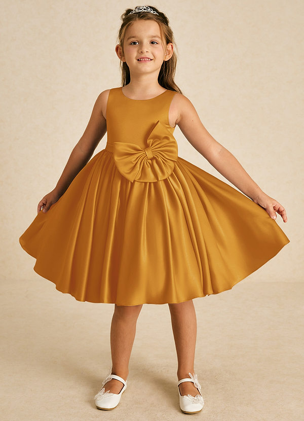 Azazie Apple Flower Girl Dresses Butterscotch A-Line Bow Matte Satin Dress image1