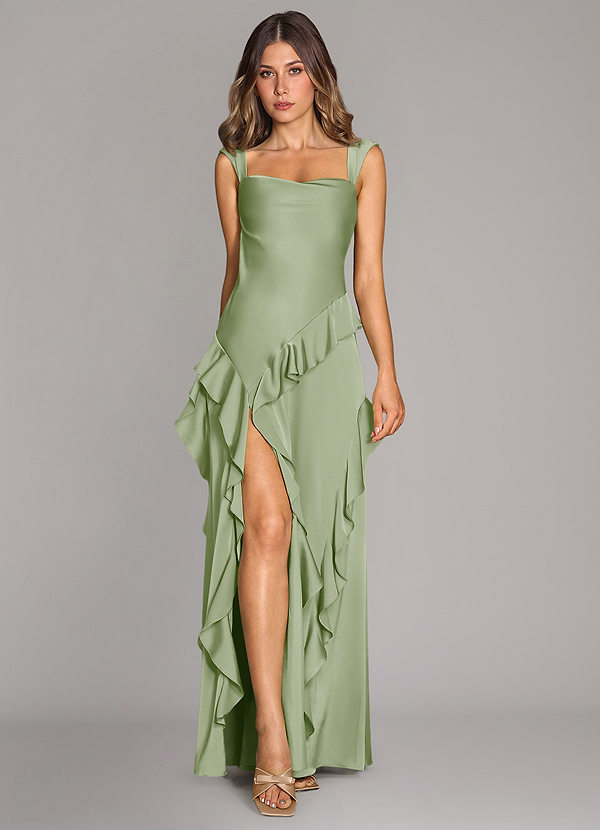Azazie Sloane Robes Demoiselle d'honneur Robe Trapèze en Satin extensible Encolure en Forme de Cœur Vert Sauge image1