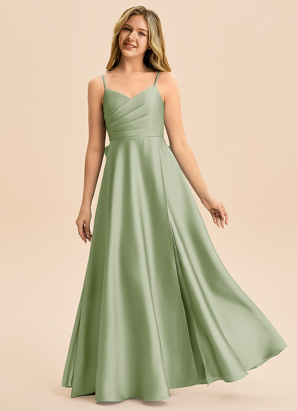 Azazie Rumi Junior Linia A Pofałdowany Satyna elastyczna Długość podłogi Młodsza druhna Sukienka image1