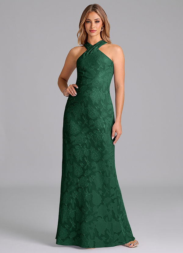 Azazie Doretta Bridesmaid Dresses Dark Green Mermaid Pleated Floral Burnout Dress image1