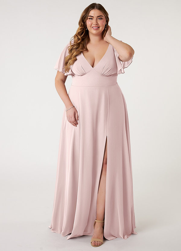 Azazie Kimber Bridesmaid Dresses Blushing Pink A-Line Flounce Sleeve Chiffon Dress image1