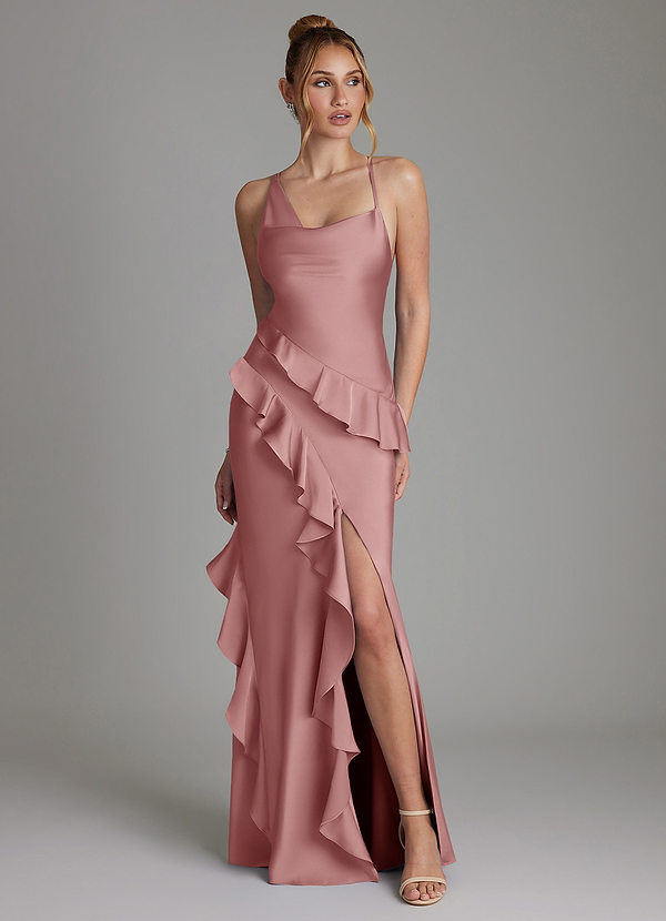 Azazie Jayda Bridesmaid Dresses Dusty Rose A-Line Ruched Stretch Satin Dress image1