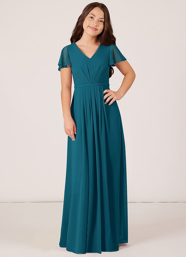 Azazie Peony Junior Robe Trapèze en Mousseline de soie Plissée Bleu Encre image1