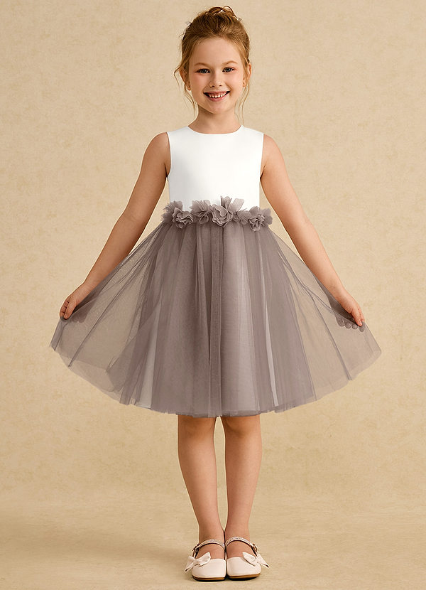 Azazie Louisa Abiti da Ragazza di Fiori Abito A-Line in Tulle Senza Maniche Avorio Taupe image1