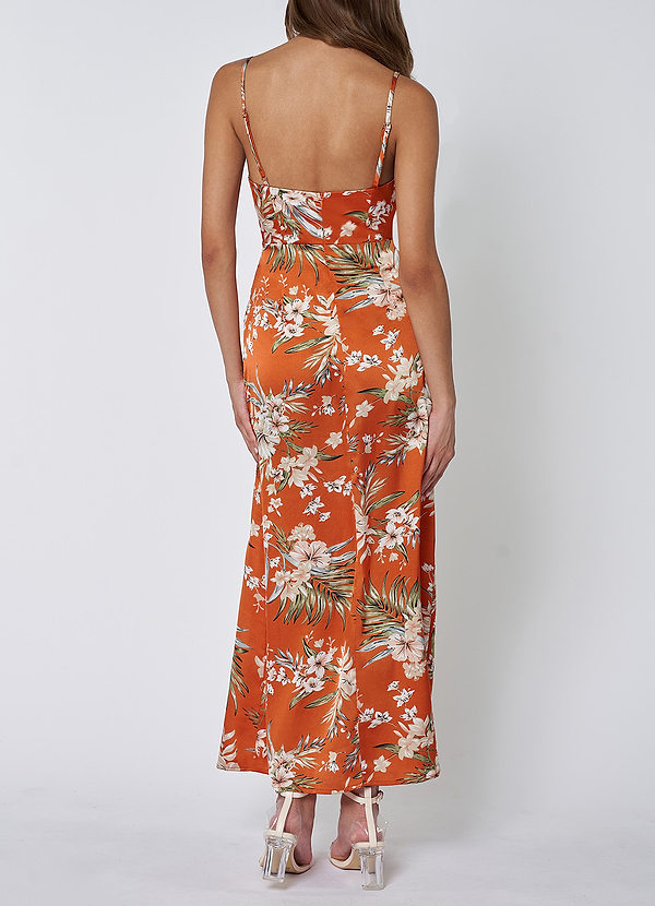 back Remarkable Beauty Orange Floral Satin Midi Dress