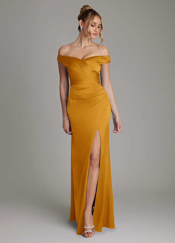 Azazie Teyana Bruidsmeisjes Jurken Jurk van Stretch Satijn met Kolom Off the Shoulder Boterbabbelaar image1