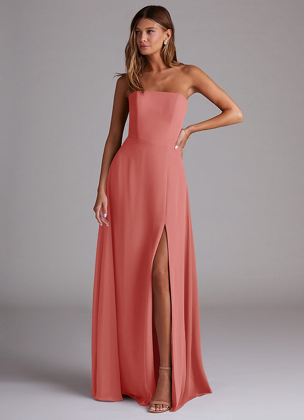 Azazie Wren 신부 들러리 드레스 A라인 사이드 슬릿 쉬폰 바닥 길이 드레스 image1