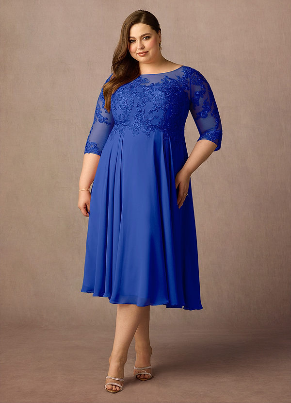 Azazie Marge Vestidos de Madre de la Novia Vestido de Azul Real de Gasa de Corte En A con Encaje redondo image1