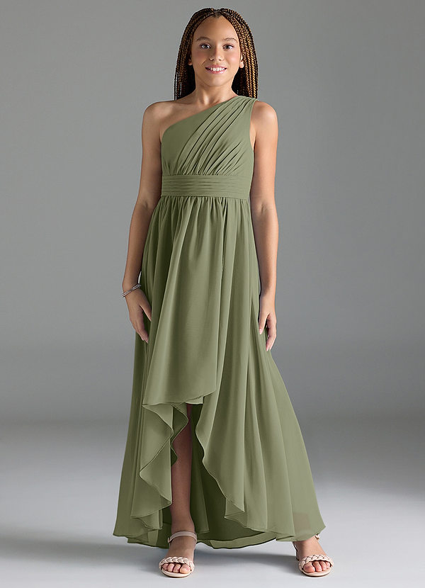 Azazie Mathilda Junior Robe Trapèze en Mousseline de soie Plissée Pistache image1