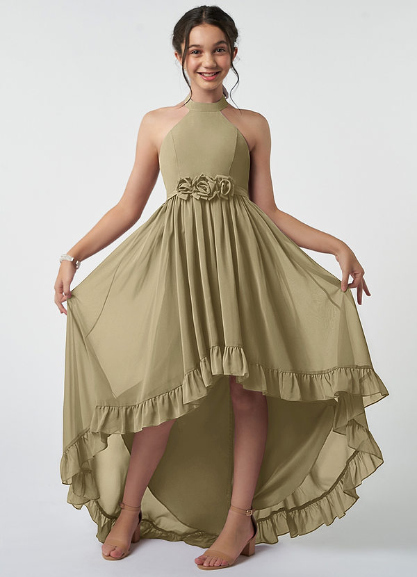 Azazie Hermione Junior Robe Trapèze en Mousseline de soie Vert Mousse image1