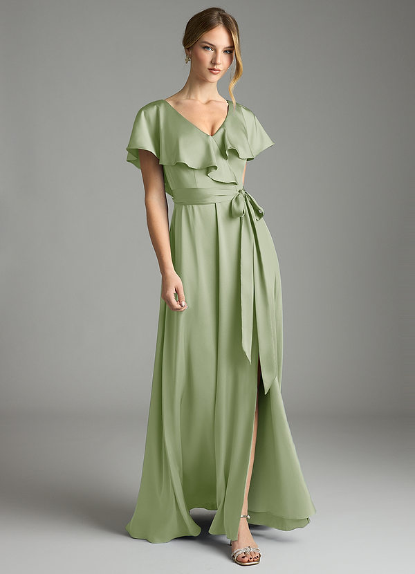 Azazie Lainey Bridesmaid Dresses Dusty Sage A-Line with Pockets Stretch Satin Dress image1