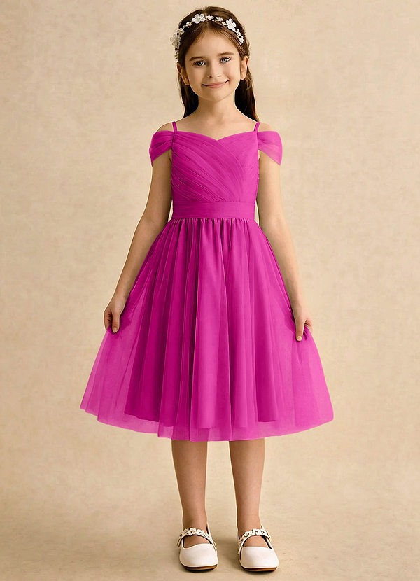 Azazie Lila Girls Formal Flower Girl Dresses Fuchsia A-Line Off the Shoulder Tulle Dress image1