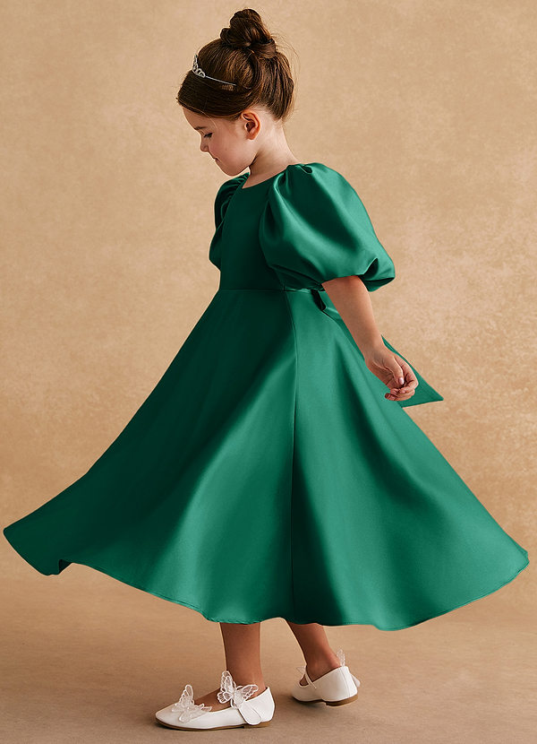 Azazie Sugarplum Flower Girl Dresses Emerald A-Line with Sleeves Matte Satin Dress image1