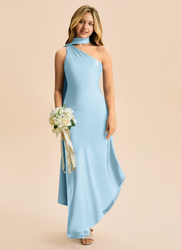 Azazie Briony Junior Vestido Céu Azul de Cetim elástico de Bainha com Plissado image1