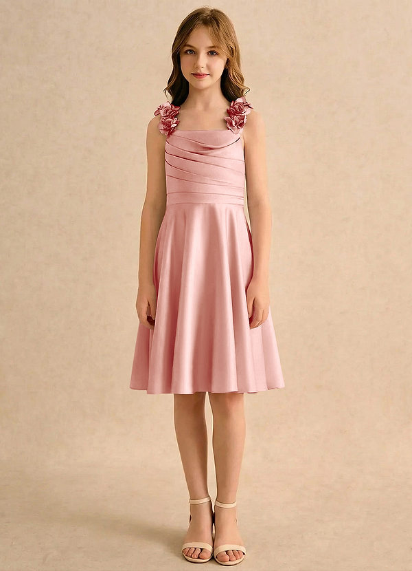 Azazie Resa Girls Formal Sukienki dla dziewczynek sypiących kwiaty Linia A Pofałdowany Matowy satynowy Długość do kolan Sukienka image1