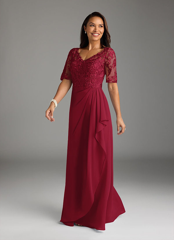 Azazie Amedeus Mother of the Brides Dresses Burgundy A-Line V-Neck Lace Chiffon Dress image1