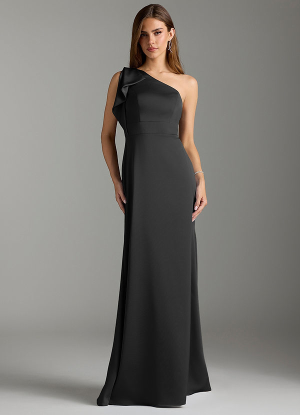 Azazie Rinna Bridesmaid Dresses Black Mermaid Ruched Stretch Satin Dress image1