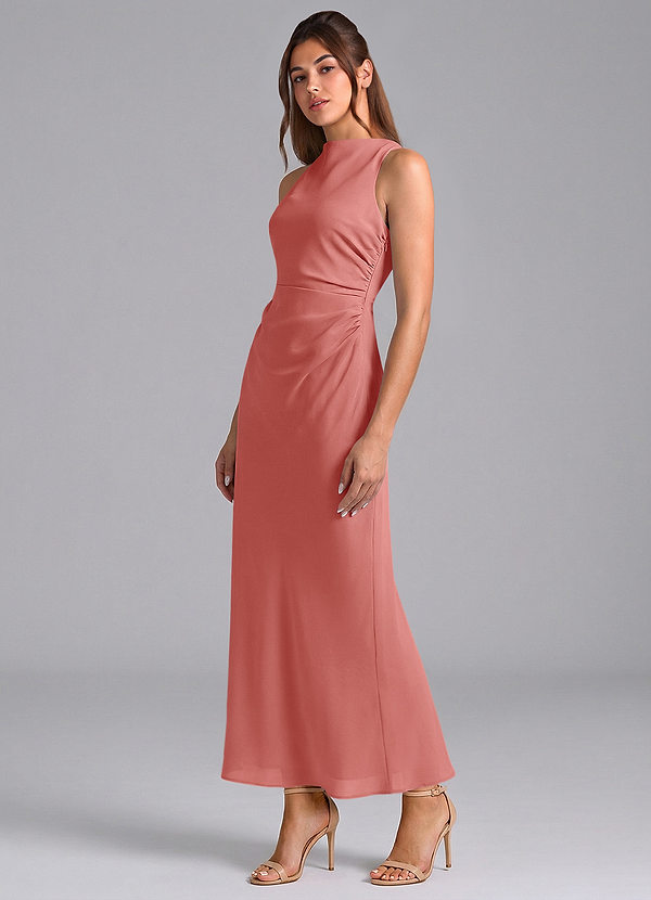 Azazie Evadne 신부 들러리 드레스 쉬스 주름진 쉬폰 발목 길이 드레스 image1