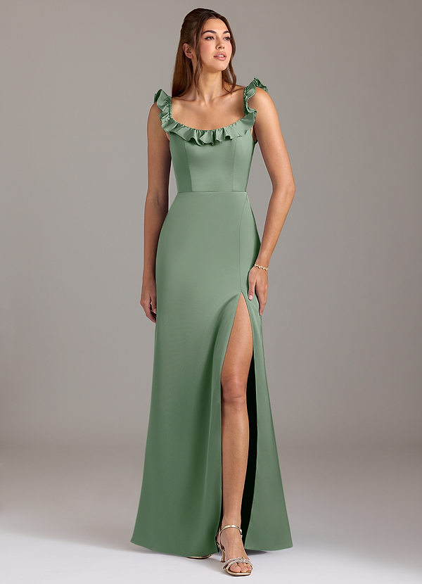 Azazie Callie Bridesmaid Dresses Matcha A-Line Ruched Stretch Satin Convertible Dress image1