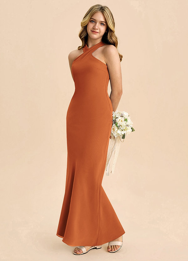 Azazie Doretta Junior Robe Fourreau en Mousseline de soie Plissée Cannelle image1