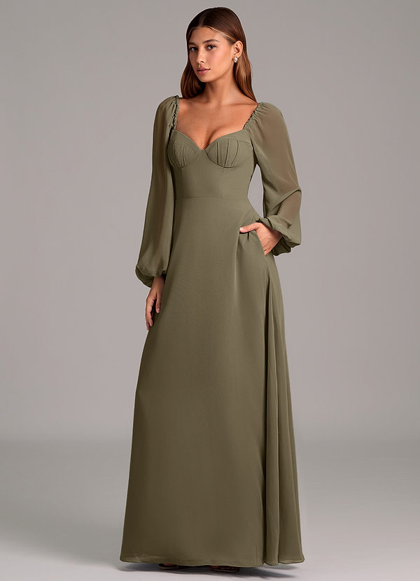 Azazie Annistyn Brudtärneklänningar Klänning av A-Linje i Chiffong Långärmad Pilgrön image1