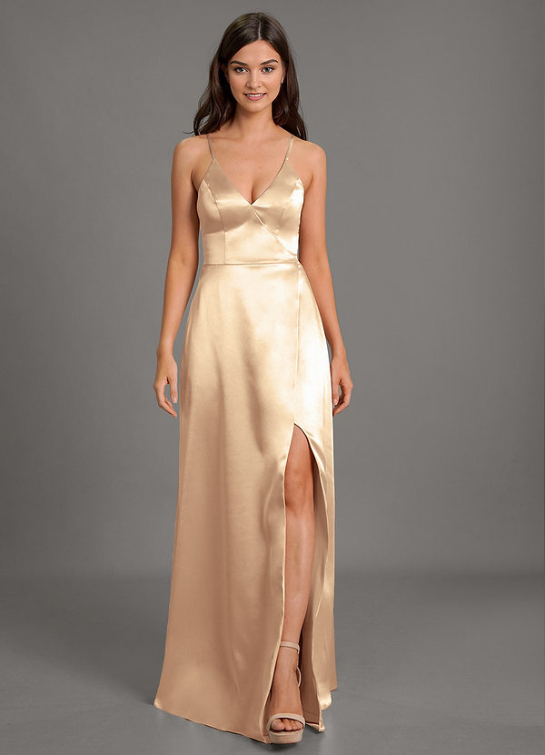 Hannah Escote En V Saten Alto Bajo Vestidos De Dama De Honor Oro
