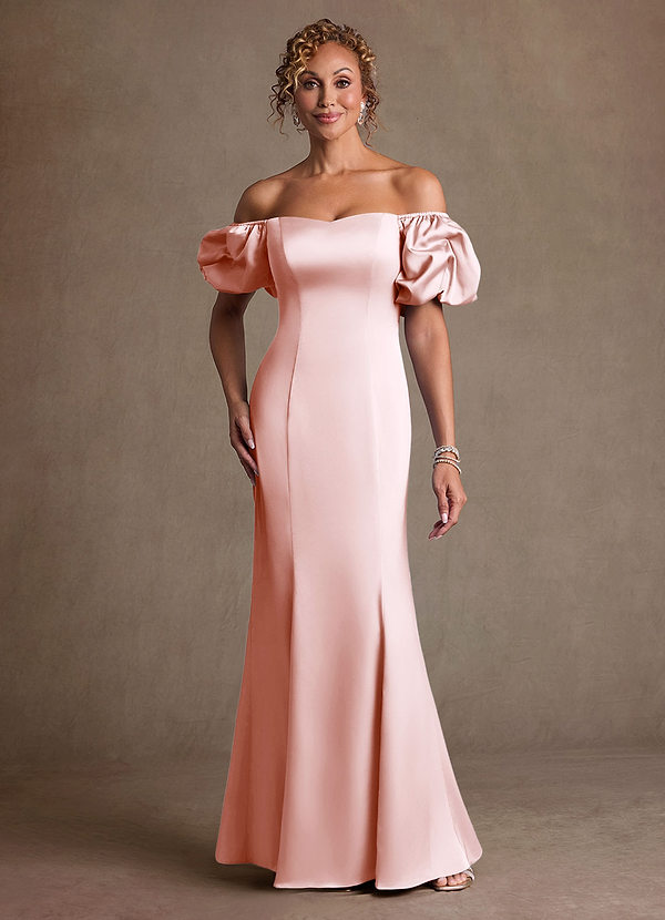 Azazie Redding Mother of the Brides Dresses Blushing Pink Sheath Ruched Stretch Satin Dress image1