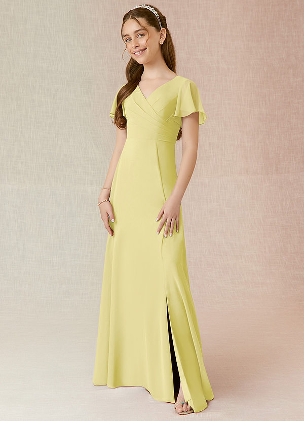 Azazie Induh Junior Lemon Sorbet A-Line Ruched Chiffon Dress image1