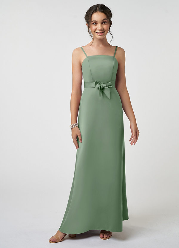 Azazie Anina Junior Matcha A-Line Bow Stretch Satin Dress image1