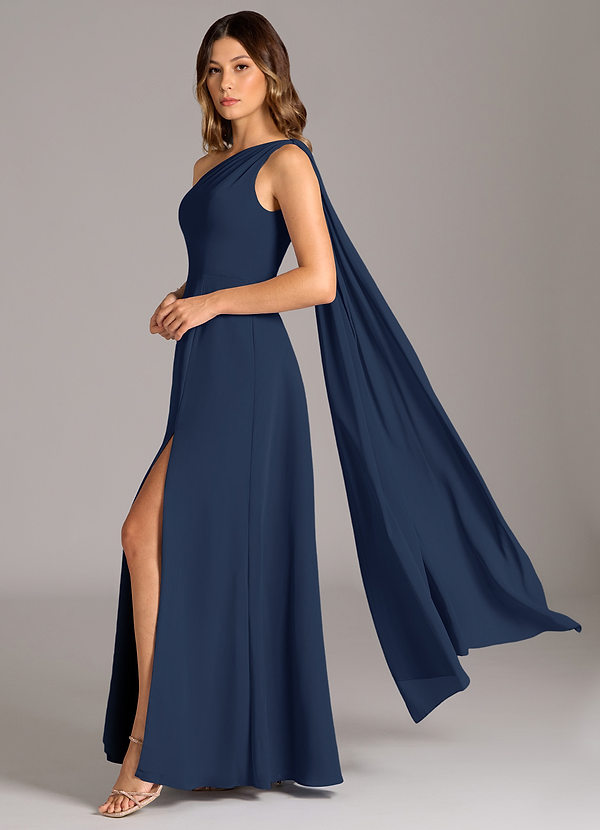 Azazie Tella Bridesmaid Dresses Dark Navy A-Line One Shoulder Chiffon Dress image1