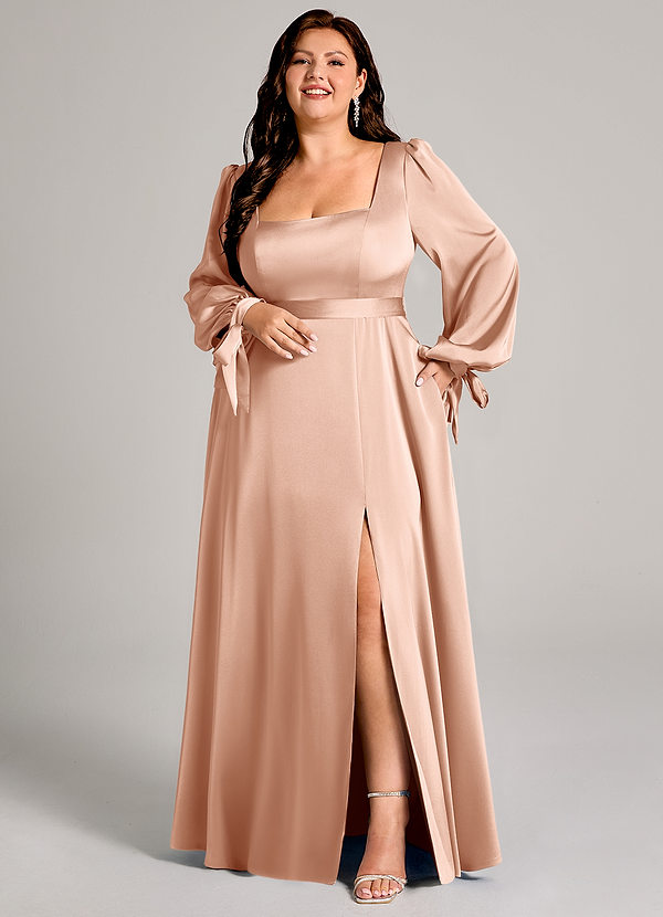 Azazie Leonia Bridesmaid Dresses Rose Gold A-Line Long Sleeve Stretch Satin Dress image1