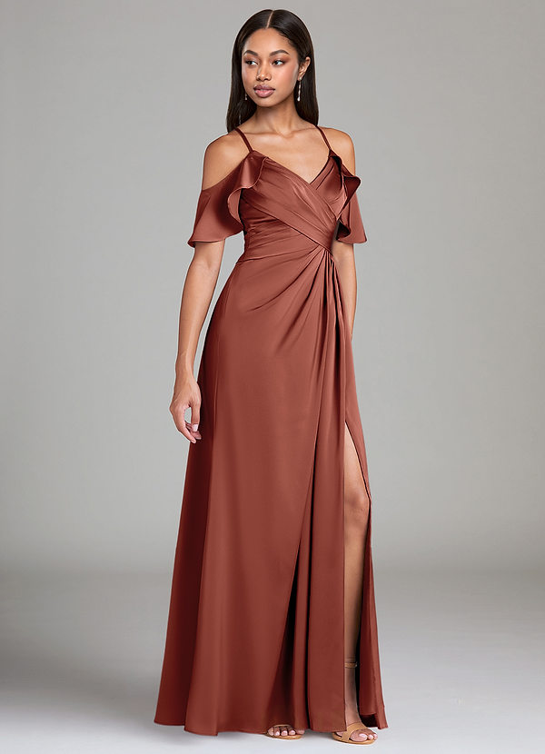 Azazie Dakota Bridesmaid Dresses Auburn A-Line Off the Shoulder Stretch Satin Dress image1