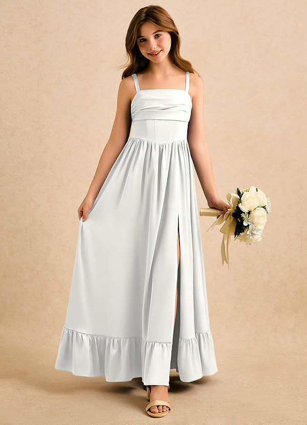 Azazie Maisie Girls Formal Sukienki dla dziewczynek sypiących kwiaty Linia A Marszczony Satyna elastyczna Długość podłogi Sukienka image1