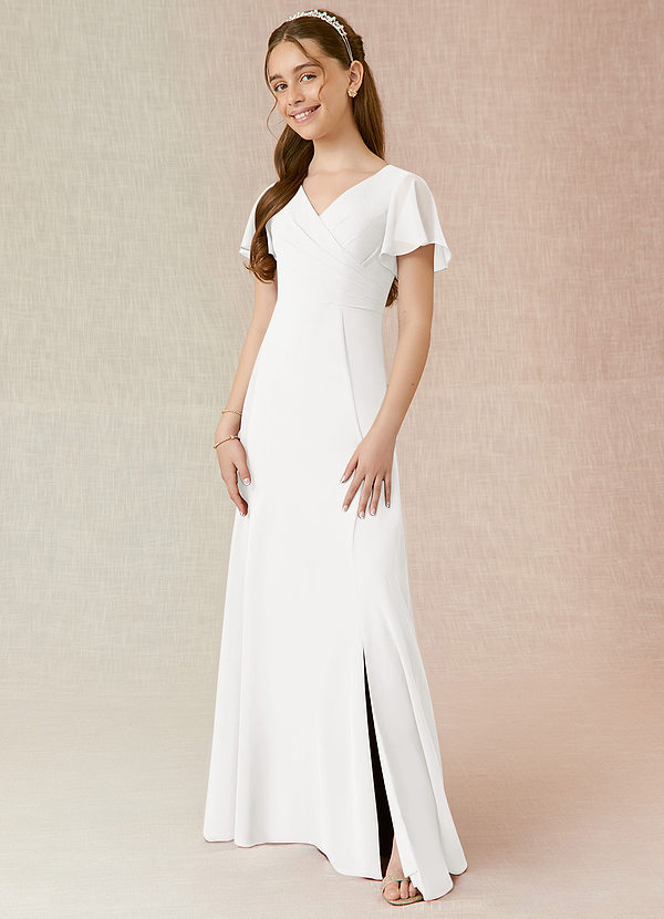 Azazie Induh Junior Ivory A-Line Ruched Chiffon Dress image1