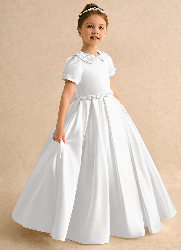 Azazie Gabriella Flower Girl Dresses White Ball-Gown with Sleeves Matte Satin Dress image1