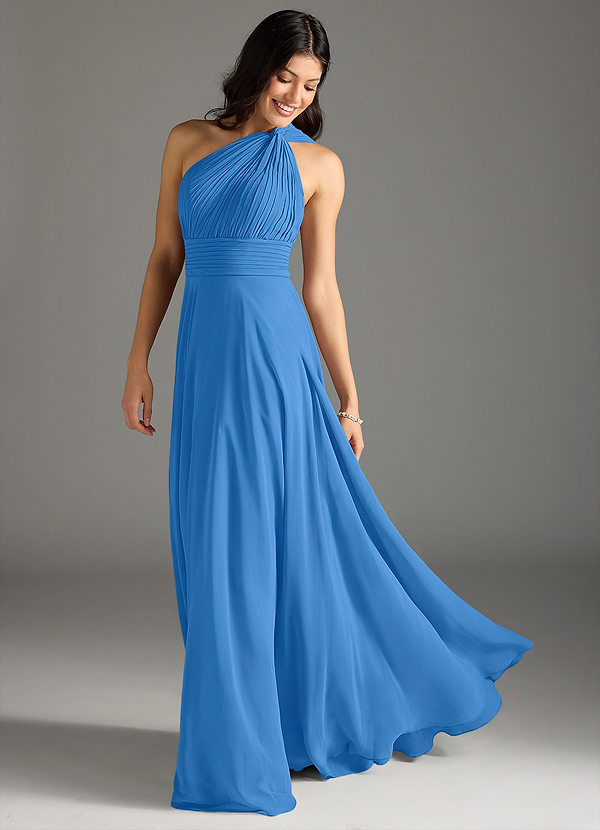 Azazie Charlize Vestidos Dama de Honor Vestido de Azul Grisaceo de Gasa de Corte en A con Hombro unilateral image1
