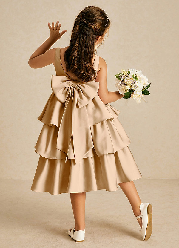 Azazie Margery Flower Girl Dresses Gold A-Line Bow Stretch Satin Dress image1