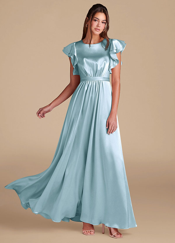 Azazie Daphne Modest Bridesmaid Dresses A-Line Ruched Metallic Satin Floor-Length Dress image1