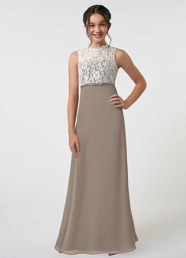 Azazie Rana Junior Robe Trapèze en Mousseline de soie Dentelle Taupe image1