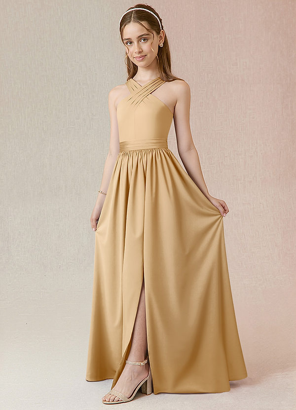 Azazie Jiya Junior Gold A-Line Pleated Stretch Satin Dress image1