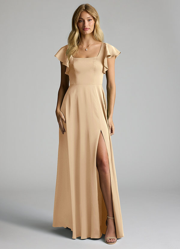 Azazie Bondi Bridesmaid Dresses Champagne A-Line Bow Stretch Satin Dress image1